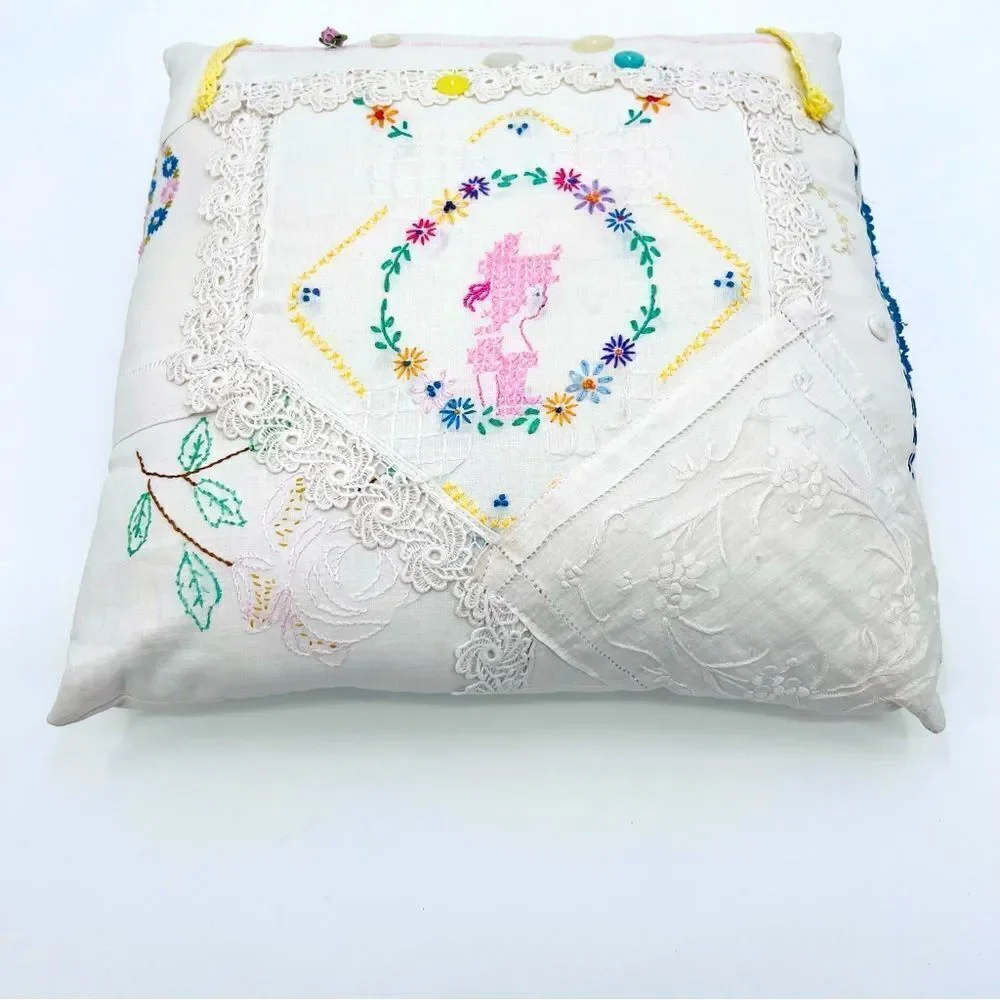 Pillow Cushion Handmade Embroidery Craft Floral Lace Crochet Multicolor Boho